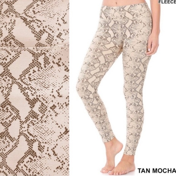 Zenana Pants - Snakeskin Print Fleece Lined Tan Mocha Zenana Leggings L/XL